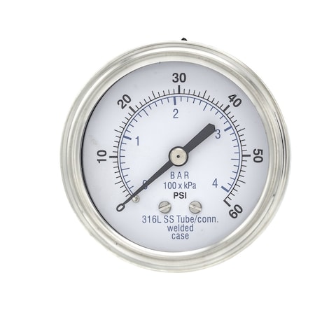 Pic Gauges 2 1/2 in Dial, 1/4 in NPT Male Center Back Location, Stainless Steel Case Material PRO-302D-254D-01